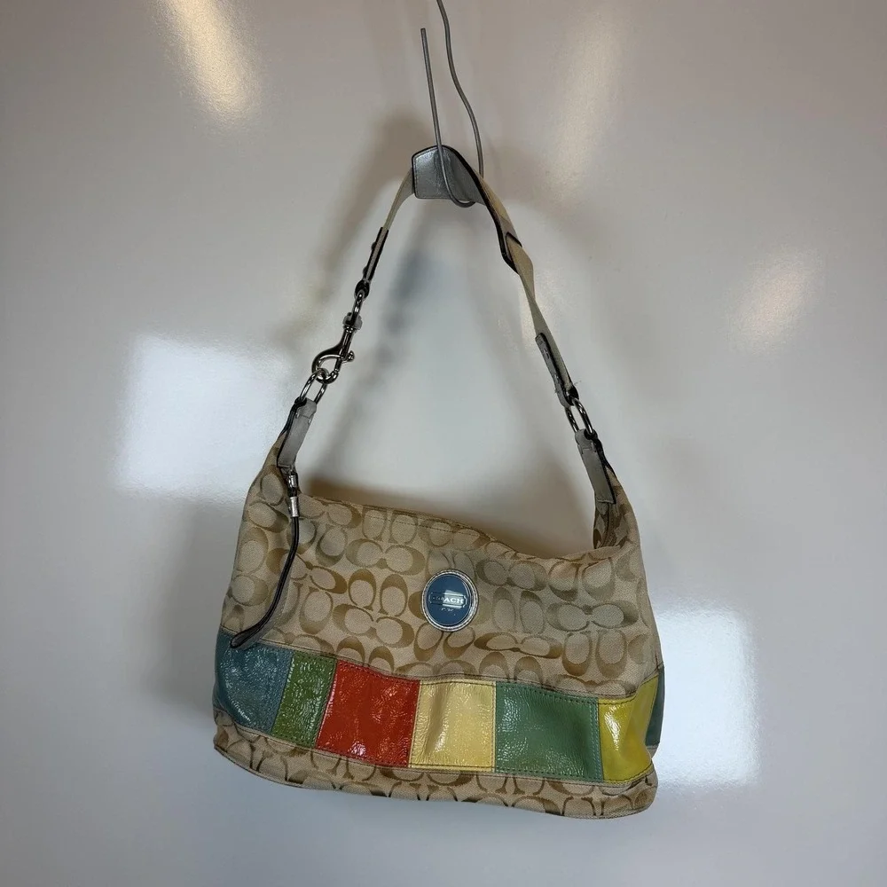 Coach Hobo Bag Womens Medium Beige Signature Poppy Multicolor‎ Patchwork Canvas